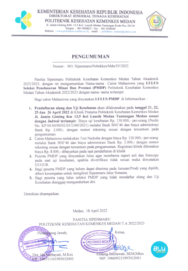 PENGUMUMAN LULUS SELEKSI JALUR PMDP TAHAP 1 TA. 2022/2023