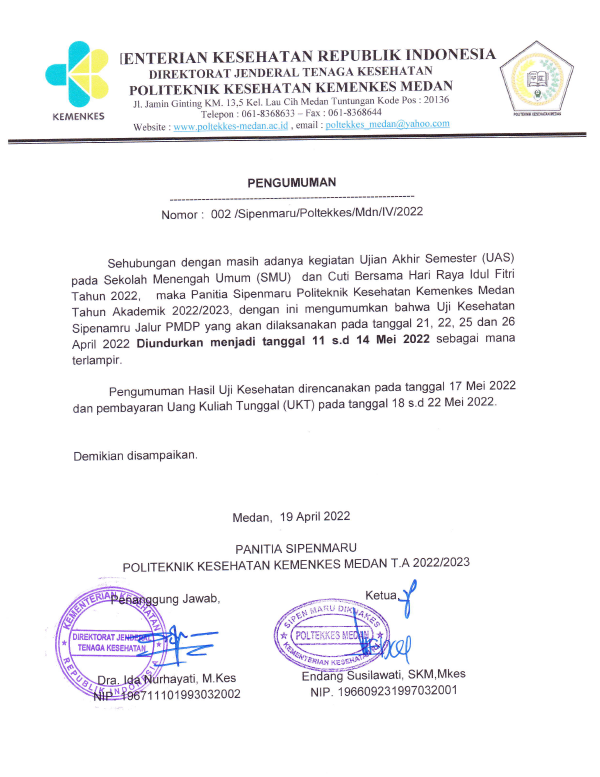 Pengunduran Pelaksanaan Uji Kesehatan PMDP SIPENMARU TA. 2022/2023