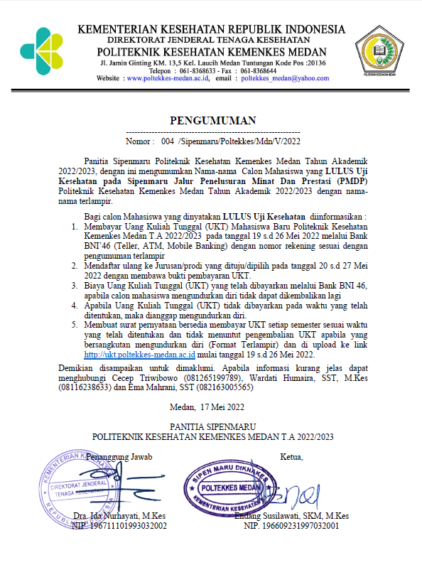 Pengumuman Lulus Uji Kesehatan SIPENMARU PMDP TA. 2022/2023