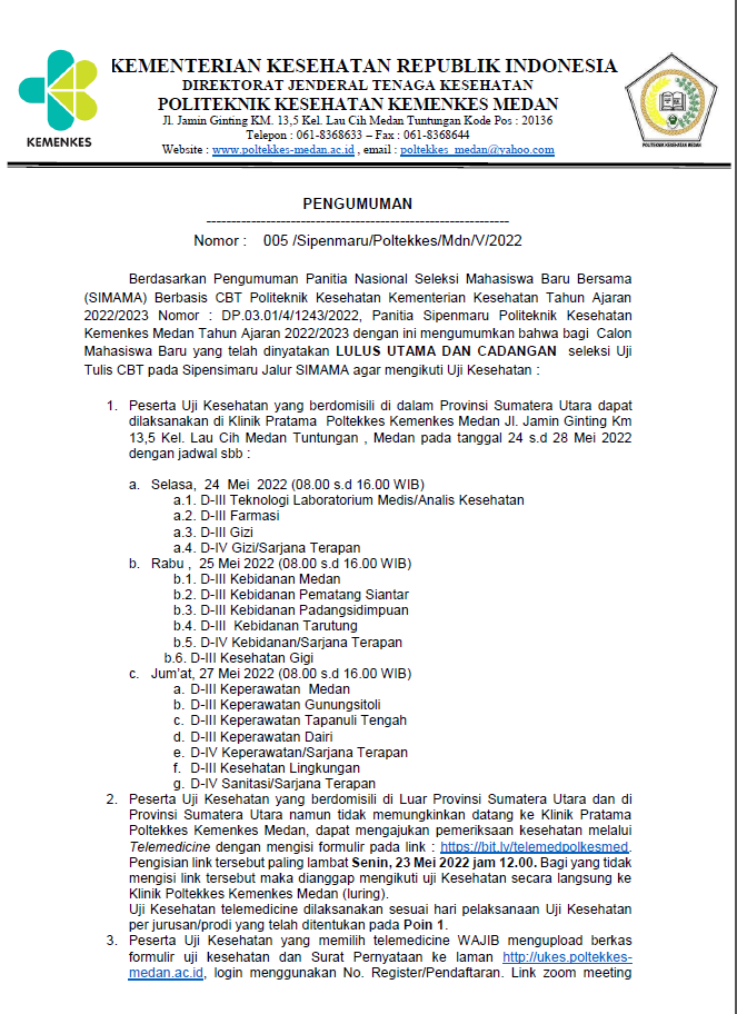Pengumuman LULUS UTAMA DAN CADANGAN Seleksi Uji Tulis CBT pada Sipensimaru Jalur SIMAMA TA. 2022/2023