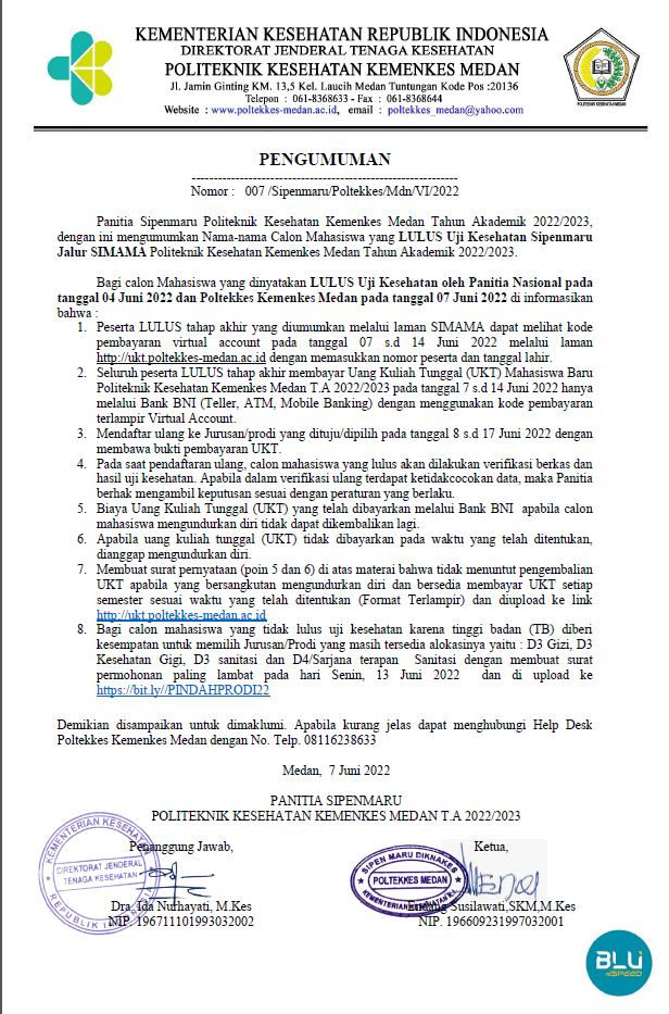 Pengumuman LULUS Uji Kesehatan Sipenmaru Jalur SIMAMA TA. 2022/2023