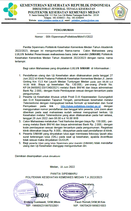 Pengumuman LULUS Seleksi Penerimaan mahasiswa baru Jalur mandiri (SIMAMI) TA. 2022/2023