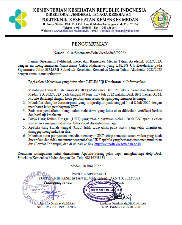 Pengumuman LULUS Uji Kesehatan pada Sipenmaru Jalur SIMAMI TA. 2022/2023