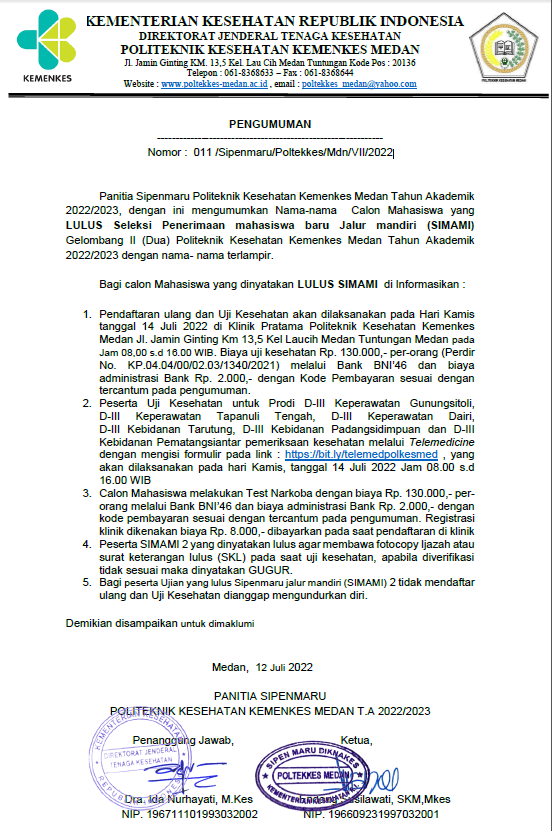 LULUS Seleksi Penerimaan mahasiswa baru Jalur mandiri (SIMAMI) Gelombang II TA. 2022/2023