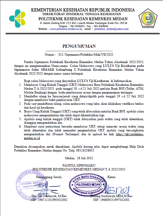 Pengumuman Lulus Uji Kesehatan Sipenmaru Jalur SIMAMI Gelombang 2 TA. 2022/2023