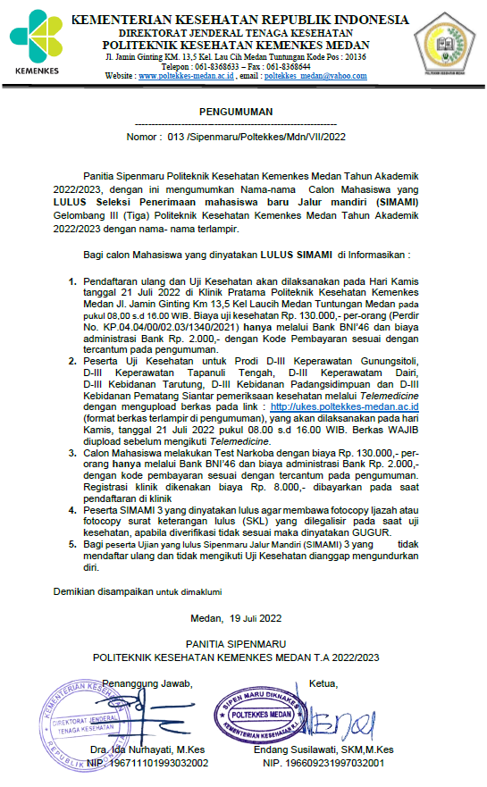 Pengumuman Lulus SIPENMARU Jalur SIMAMI Gelombang III TA. 2022/2023