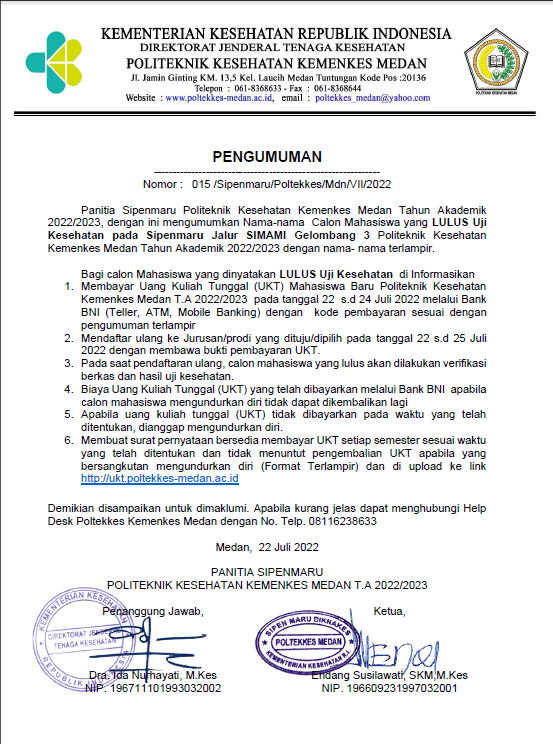 Pengumuman Lulus Uji Kesehatan SIPENMARU Jalur SIMAMI Gelombang III TA. 2022/2023