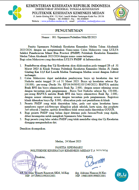 PENGUMUMAN LULUS SELEKSI TAHAP ADMINISTRASI JALUR PMDP SIPENMARU TA. 2023/2024
