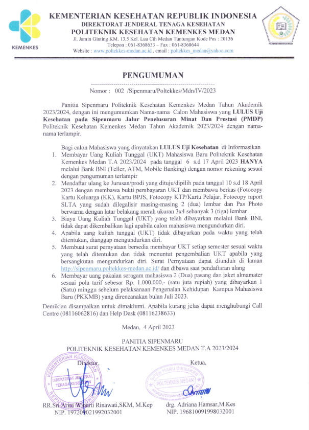 Pengumuman Lulus Uji Kesehatan SIPENMARU Jalur PMDP TA. 2023/2024