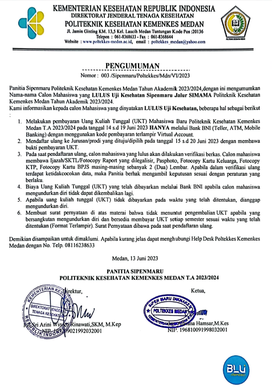 Pengumuman Lulus Uji Kesehatan SIPENMARU Jalur SIMAMA TA. 2023/2024