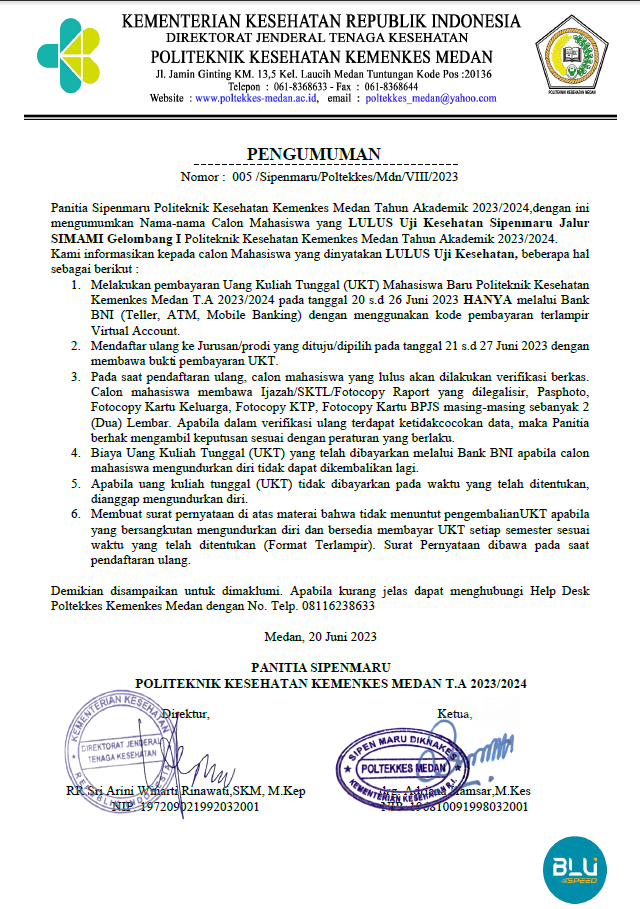 Pengumuman Lulus Uji Kesehatan SIPENMARU Jalur SIMAMI Gelombang I TA. 2023/2024