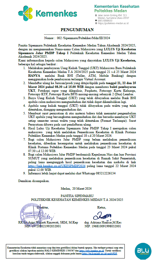 Pengumuman Lulus Uji Kesehatan SIPENMARU Jalur PMDP TA. 2024/2025