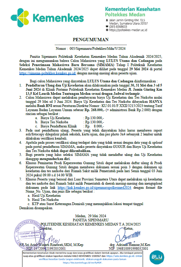 Pengumuman Lulus Utama dan Cadangan SIPENMARU Jalur Bersama TA. 2024/2025